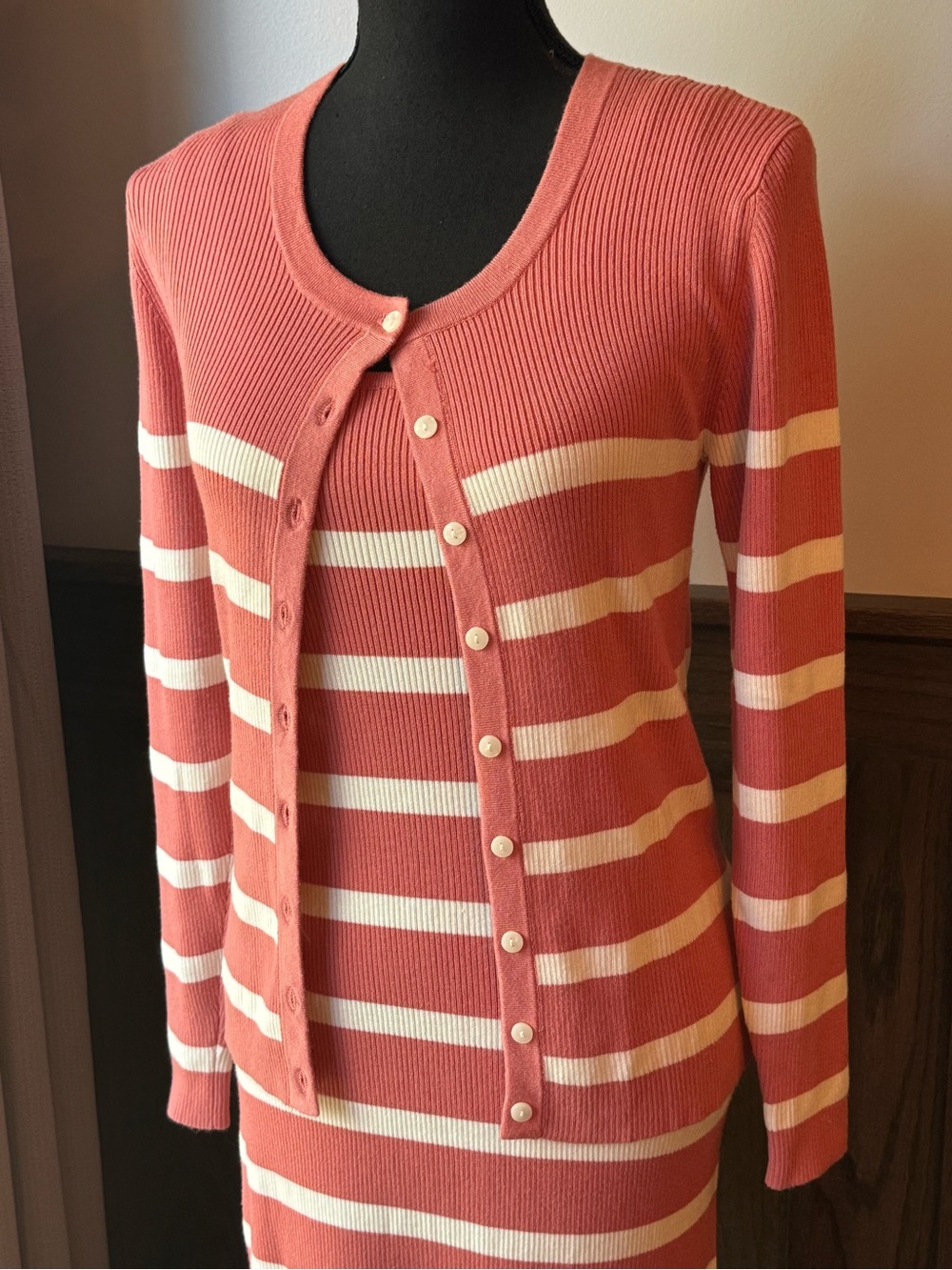Time and Tru Coral and Cream Striped Knit Maxi Dress with Cardigan small Euc - Picture 2 of 10